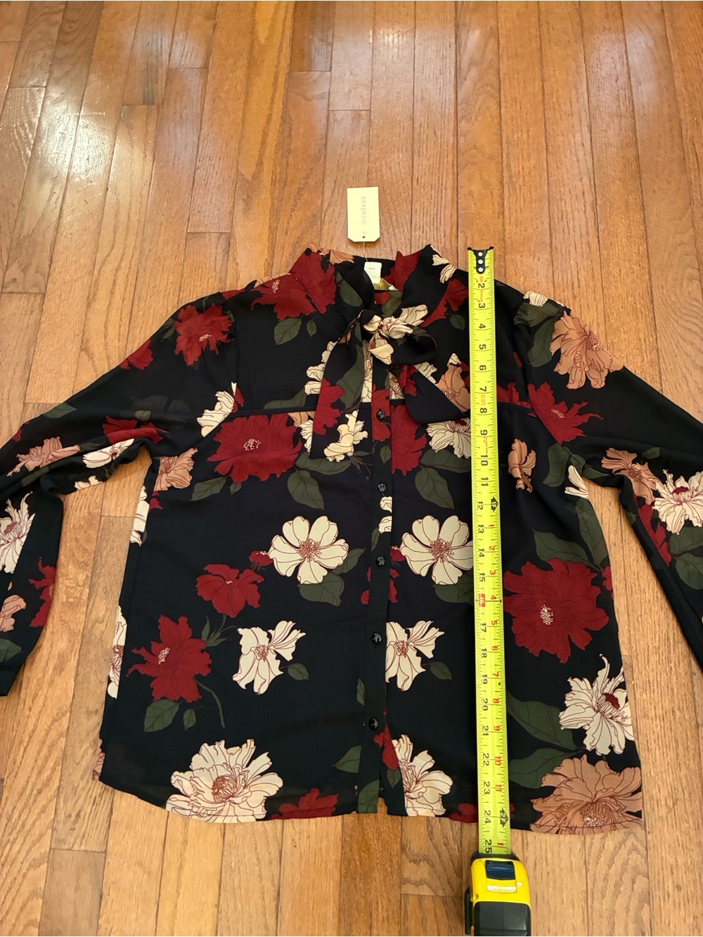 Monteau Black Floral Tie-Neck Button Down Sheer Blouse NWT XL - Picture 12 of 12